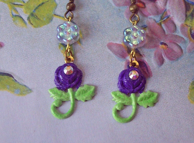Pretty Sweeties - Purple Rose Charms - Swarovski Crystal Earrings