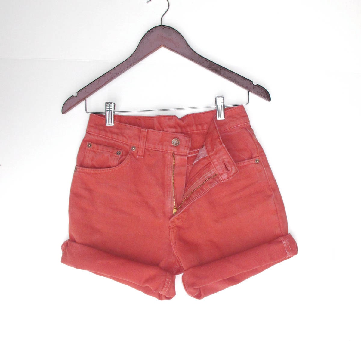 Levi's 550 Zip Fly Shorts Mid High Waist Jeans Orange Denim W 29 cut-off shorts Roll Up - BlueRoseRetro