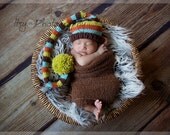 Baby Tail Pom Hat, Newborn Photo Prop, knit, brown, green, orange, blue