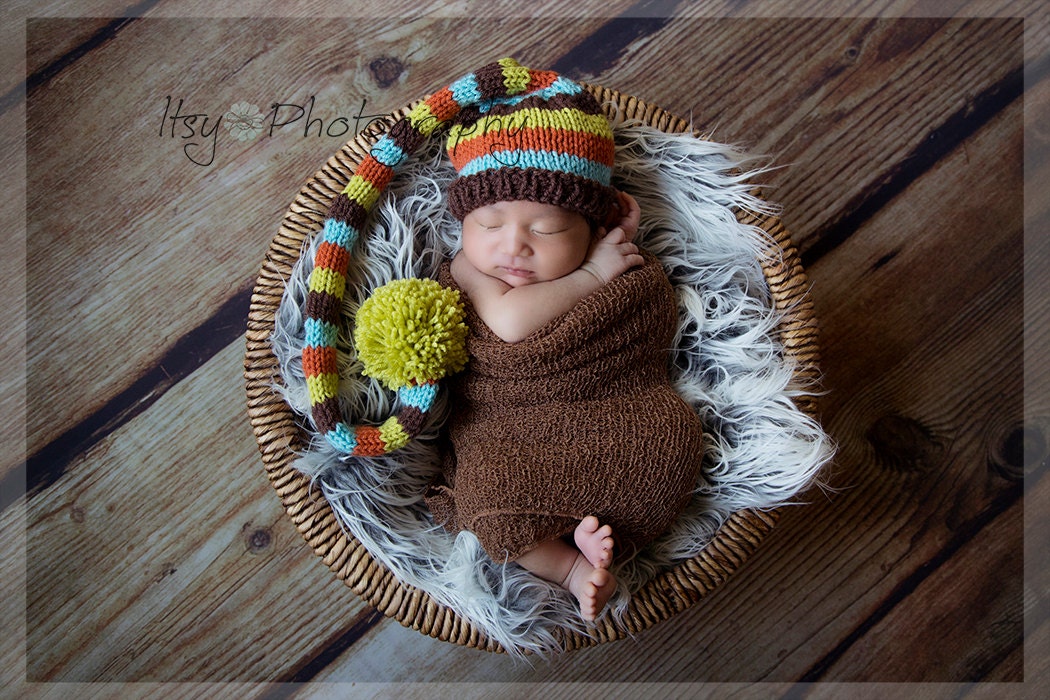 Baby Tail Pom Hat, Newborn Photo Prop, knit, brown, green, orange, blue