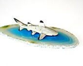Shark Sculpture - Miniature Porcelain Black Tip Reef Collectible Figurine on Ocean Blue Agate Home Decor by Mei Faith