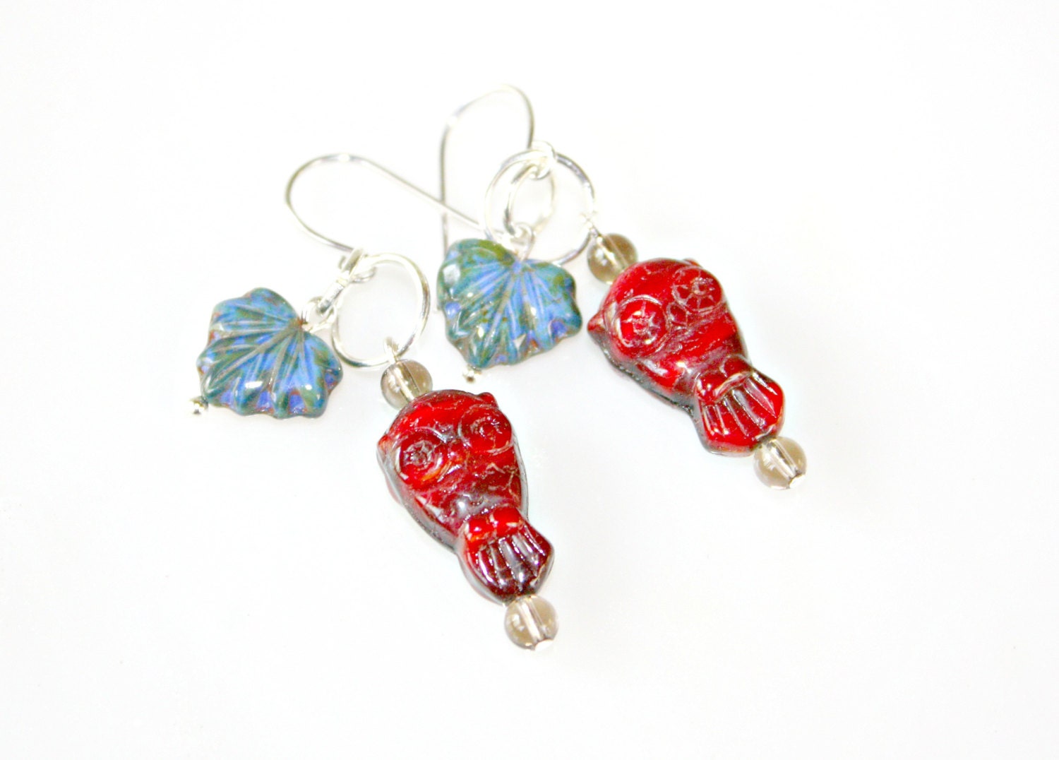 Red Owl Earrings - Hand Crafted Glass Owl Beads with Blue Maple Leaf and Smoky Quartz Dangles by Mei Faith