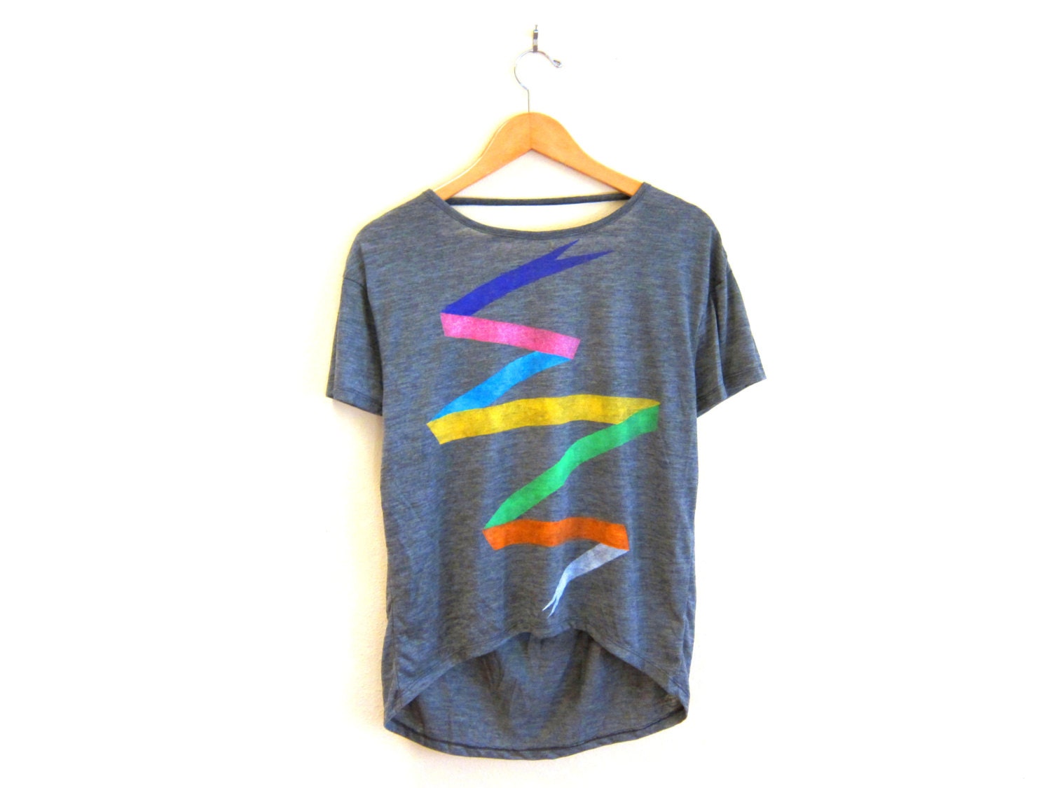 Ribbon Banner HAND STENCILED Deep Scoop Back Hi Lo Heather Burnout Tee in Asphalt Grey Multi Rainbow - S M L XL