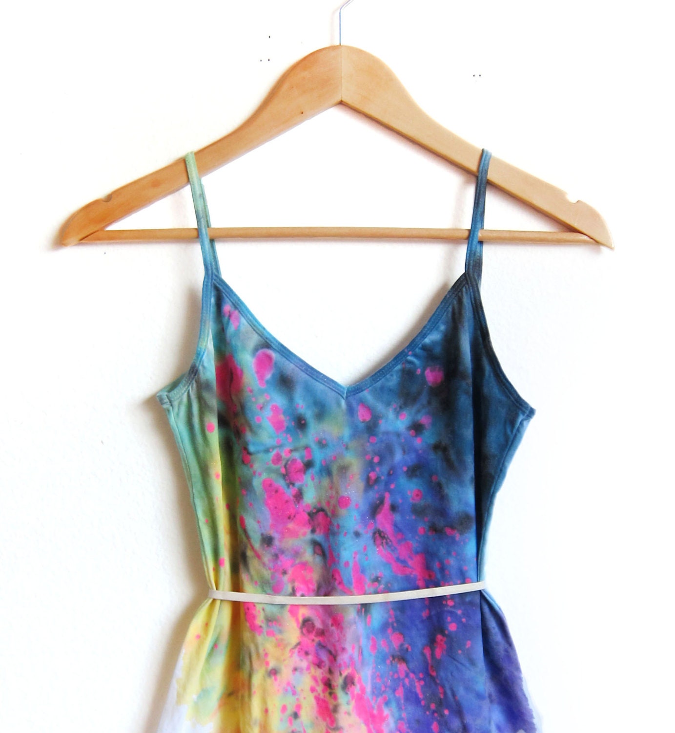 The Original "Splash Dyed" Hand PAINTED Deep V Neck Spaghetti Strap Mini Tunic Tee Dress in White Spectrum Rainbow - XS S M L XL