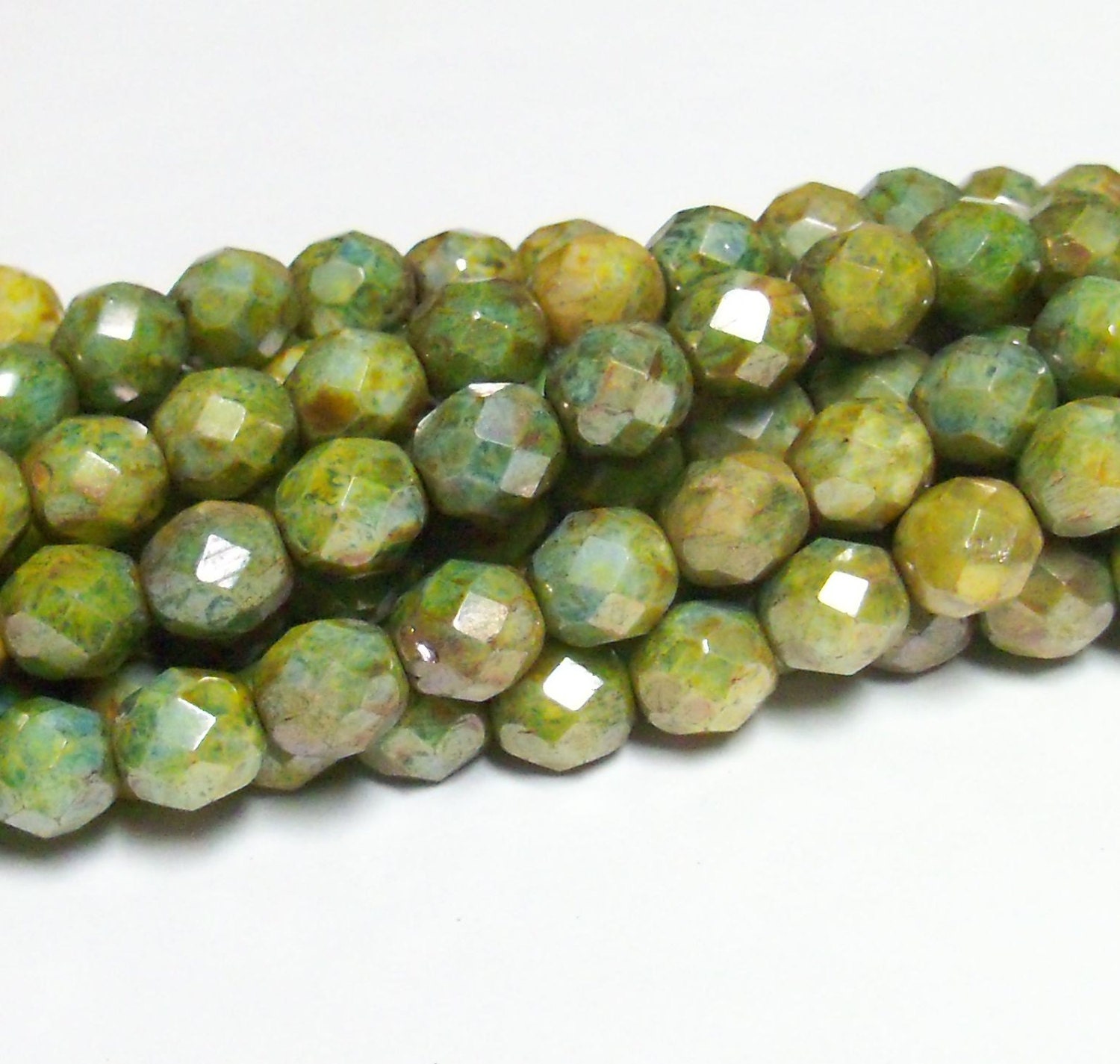 Czech Fire-Polished Glass Faceted Round - 8mm - Opaque Green Luster - 20 Beads