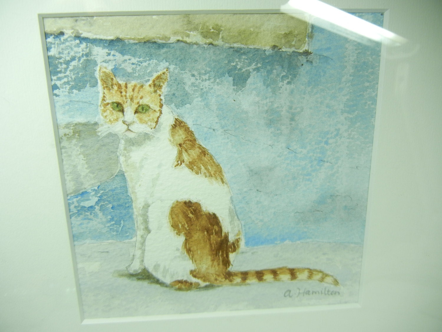 Watercolor painting, calico tabby cat, brown white kitty, original art, signed A. Hamilton, Vacation SALE