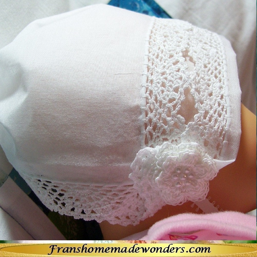 Handkerchief Christening Baby Bonnets - HAND CROCHETED LACE