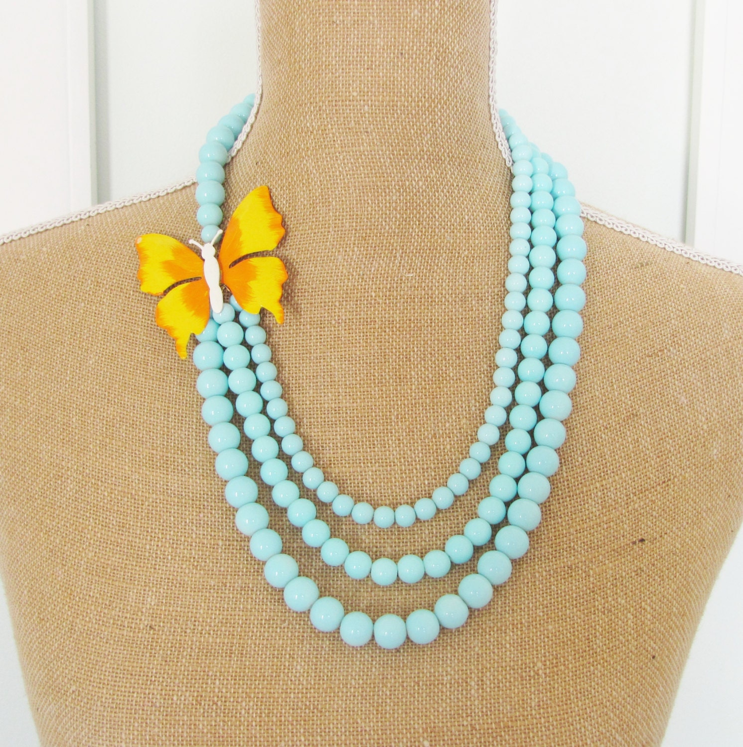Aqua Blue Multi Strand Statement Necklace Vintage Orange and Yellow Enamel ButterflyAsymmetrical Aqua Glass Beaded Statement Necklace OOAK