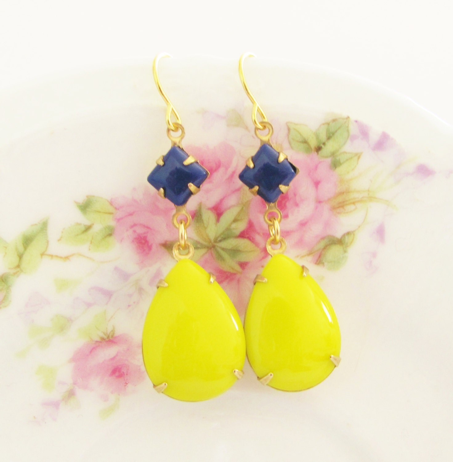 Navy and Yellow Earrings - Lemon Yellow Teardrop Vintage Jewels and Navy Blue Square Glass Jewels Glamour Dangle Earrings