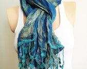 Ruffle Frilly Shawl Neckwarmer Blue Green Teal Cotton Fabric Scarf stripe Tasseled