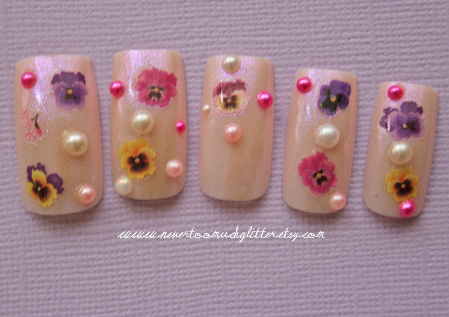 Japanese Nail Art- Plentiful Pansies- False Nails