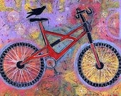Bike Art with Raven - Whimsical Giclee Print- Pure Delight - 8" x 8"