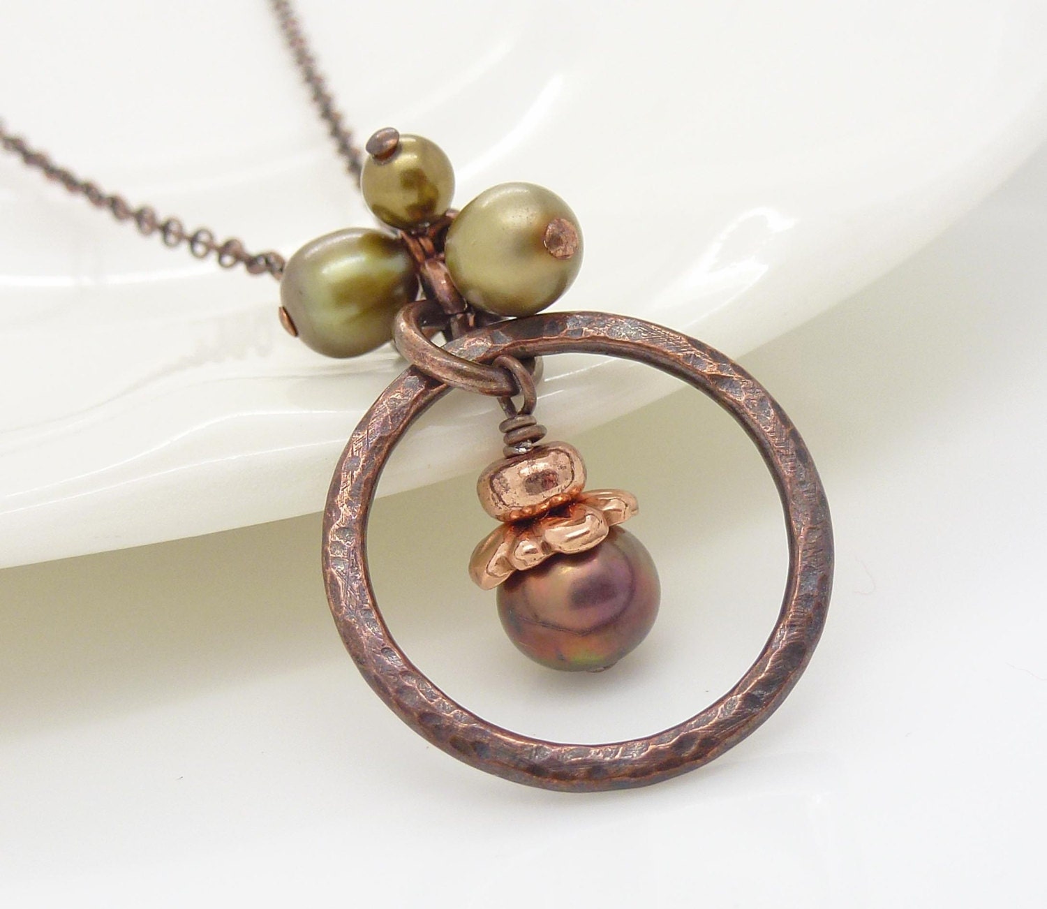 Hammered copper necklace, green brown pearl necklace, hammered copper jewelry - CreativityJewellery