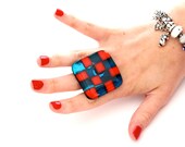 Patchwork  Statement Ring Glass  - big bold oversize adjustable cocktail ring - SPRING PATCHWORK - 1.7 inch