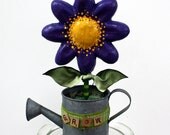Purple Spring Flower in Watering Can Sculpted Paper Mache Decoration