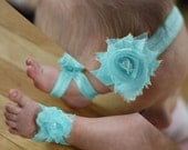 Light Turquoise Baby Barefoot Sandals and Headband