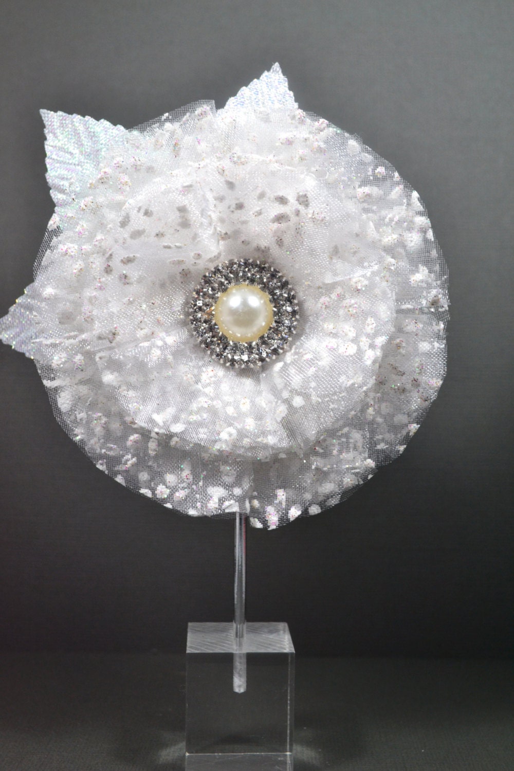 White Organza Sparkly Bridal Flower hair fascinator, Rhinestone and Pearl, Barrette, Accessory