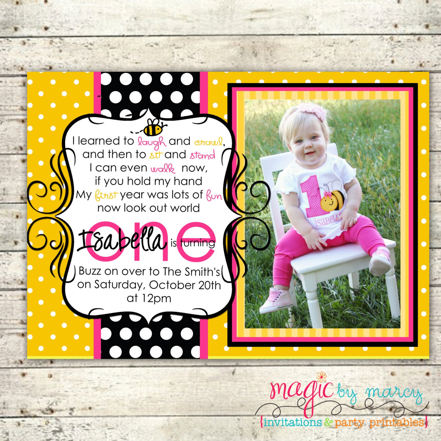 1st Birthday Printable Pink and yellow Bumblebee Birthday Invitation Il_570xn