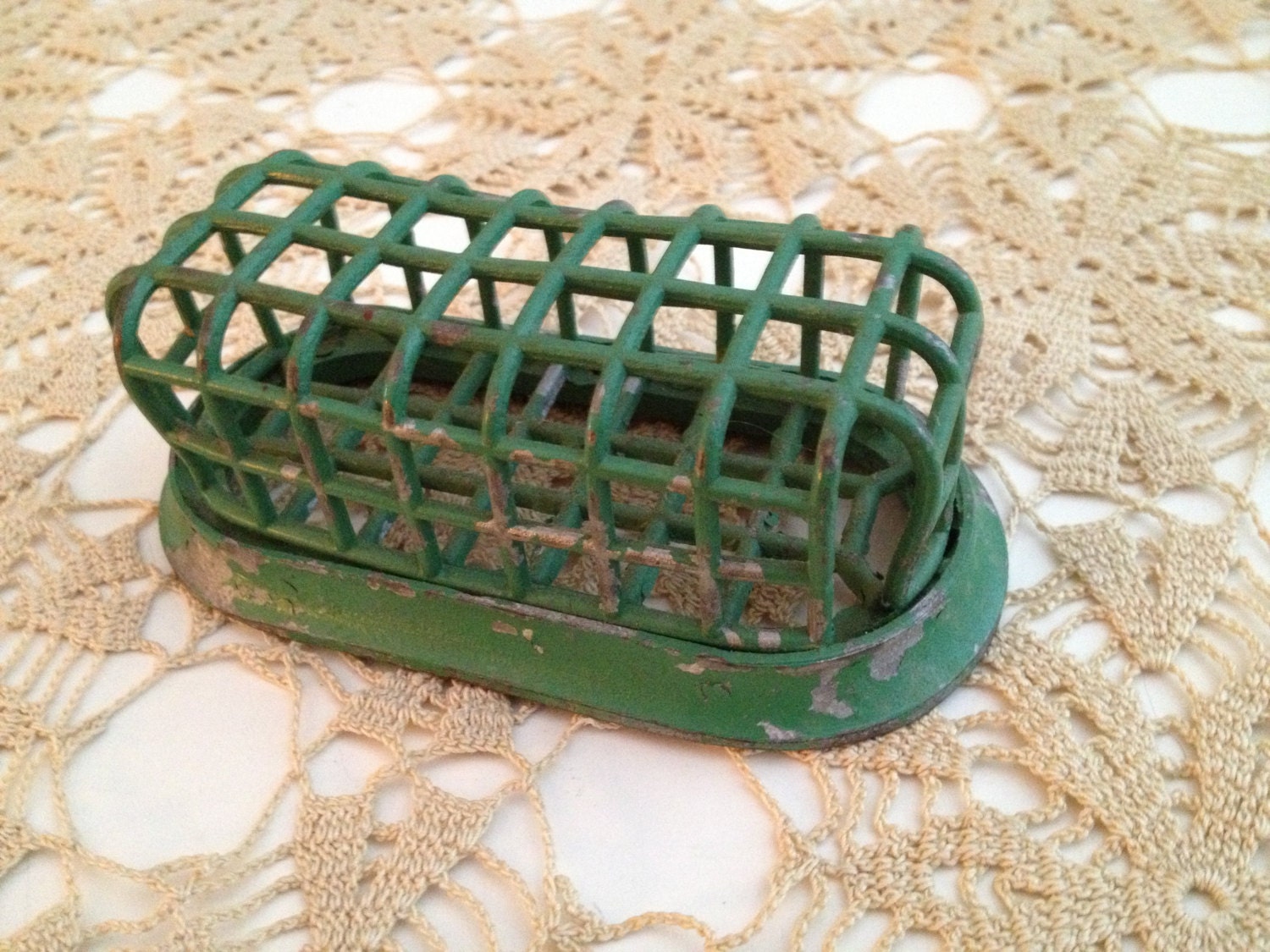 Vintage Green Metal Flower Frog, Oblong -  Great for Pens, Pencils, Flowers - Organize