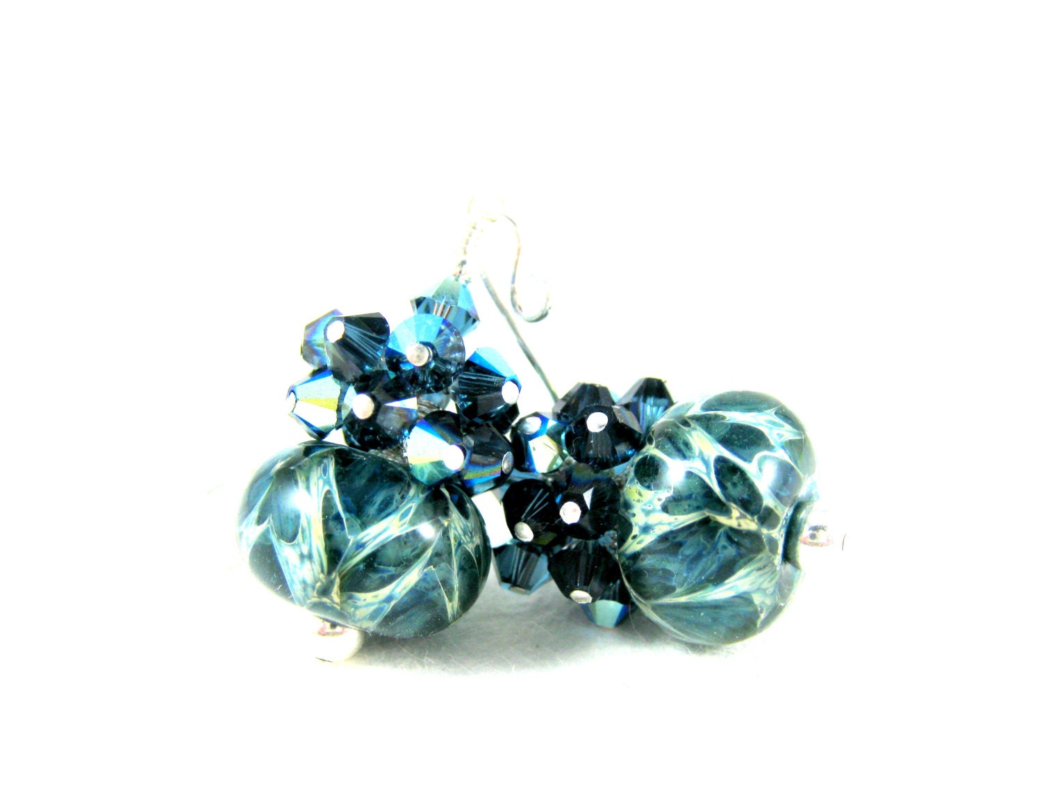 Navy Blue Crystal Cluster Earrings, Dark Blue Boro Lampwork Earrings, Beadwork Earrings, Blue Earrings - Blue Granite - GlassRiverJewelry