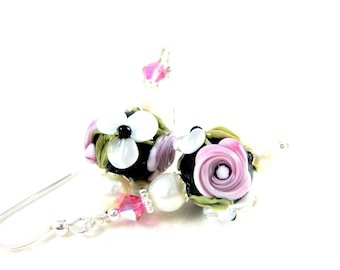 Pink White Black Flower Earrings, Pink Rose Earrings, Floral Lampwork Glass Bead Earrings, Beadwork Earrings, Pearl Dangle Earrings - Demure