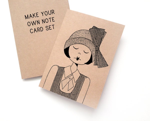 Flapper art custom note card stationery set // you pick the illustrations