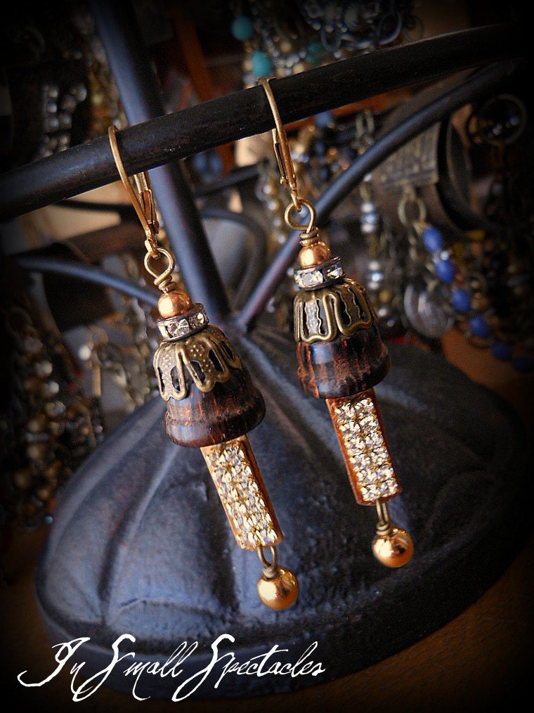 Wood and Vintage Brass ID Tag Earrings