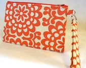 Womens Wristlet Clutch Purse Amy Butler Fabric Cosmetic Bag Zipper Pouch Key Fob Wall Flower Cherry Red Handmade MTO