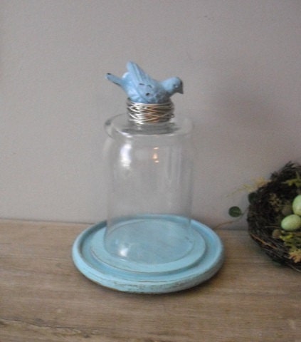 Upcycled Blue Bird on her Nest ... cloche dome ... rustic painted wooden under plate Rustic farm house display