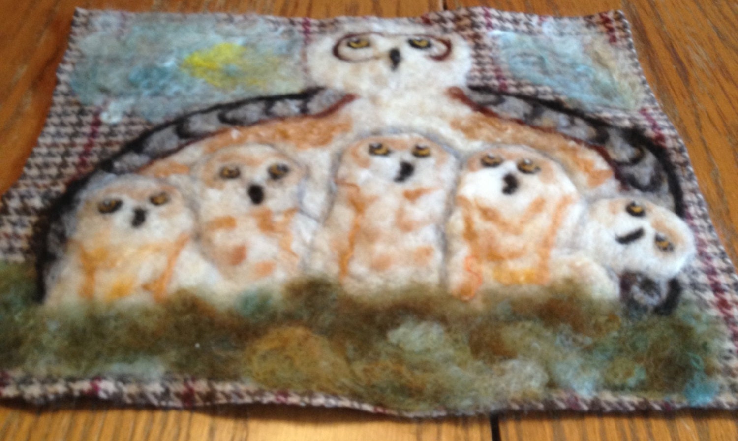 Hole In the Tree Gang Felted Wool Wallhanging with Snowy Owl Family