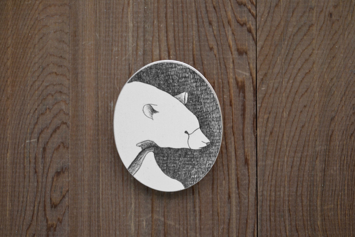 Winter Bear Brooch in Midnight Graphite - Hand Sketched Animal Portrait Jewelry