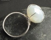 Ivory Opal Crystal Cocktail Bling Ring, Handforged Silver with Hammered Finish, Adjustable Size