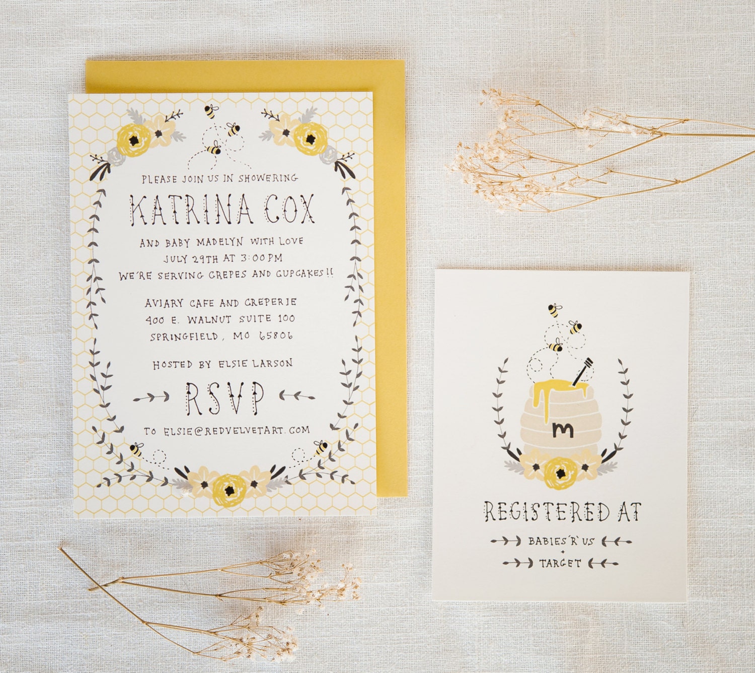 Baby Shower Invitation and Registry Card - Honey Bee. Baby Girl OR Baby Boy