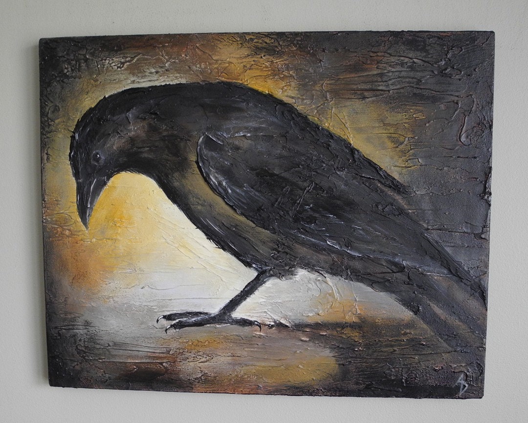 Lonely Raven painting, Crow, blackbird art wall decor 16x20 canvas