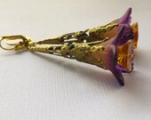 Filigree Purple Gold Acrylic Glass Long Drop Earrings. Brass Filigree Earrings. Victorian Filigree Earrings. Lever Back Ear wire Earrings.