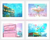 Carnival Festival Photos, Dreamy Baby Nursery Child Art, Set Four Prints, Pink Aqua Balloons, Ferris Wheel, Cotton Candy Photos 5" x 7"