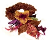 Freeform crochet scarf. Crochet lariat or choker with 3D felt flower and crochet leaves. Boho chic wearable art. Gift for her