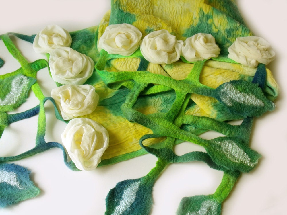 Nuno felt scarf. 3D silk chiffon flowers and grid leaf fringe. Lemon yellow apple green white. Mother's Day Gift. Wool silk chiffon