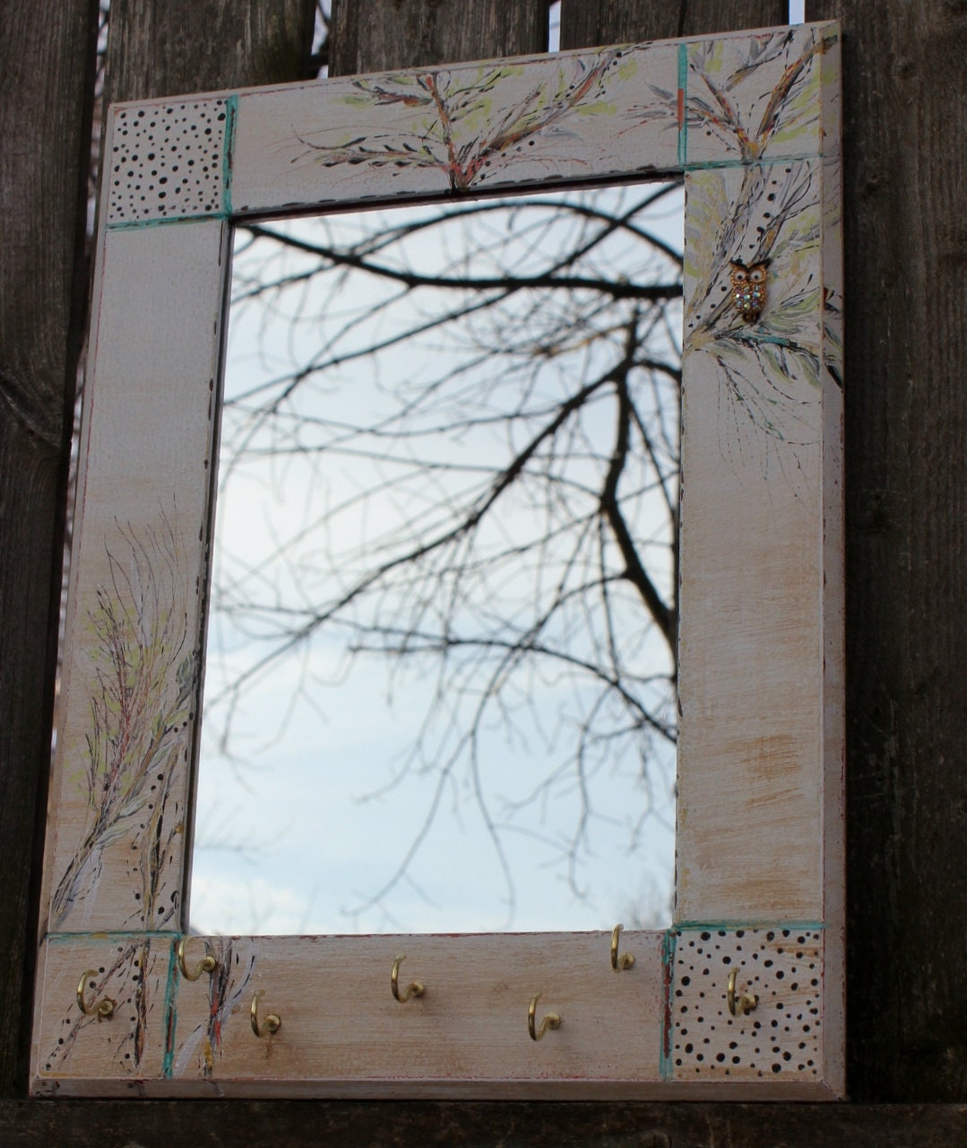 One of a Kind Mirror Jewelry Hanger for the Wall Hand Painted Original Art with vintage Owl Accessory