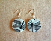 Lovely Round Black & White Porcelain Earrings with DRAGONFLIES