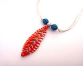 Feather necklace - neon orange turquoise - handmade clay - tribal unique