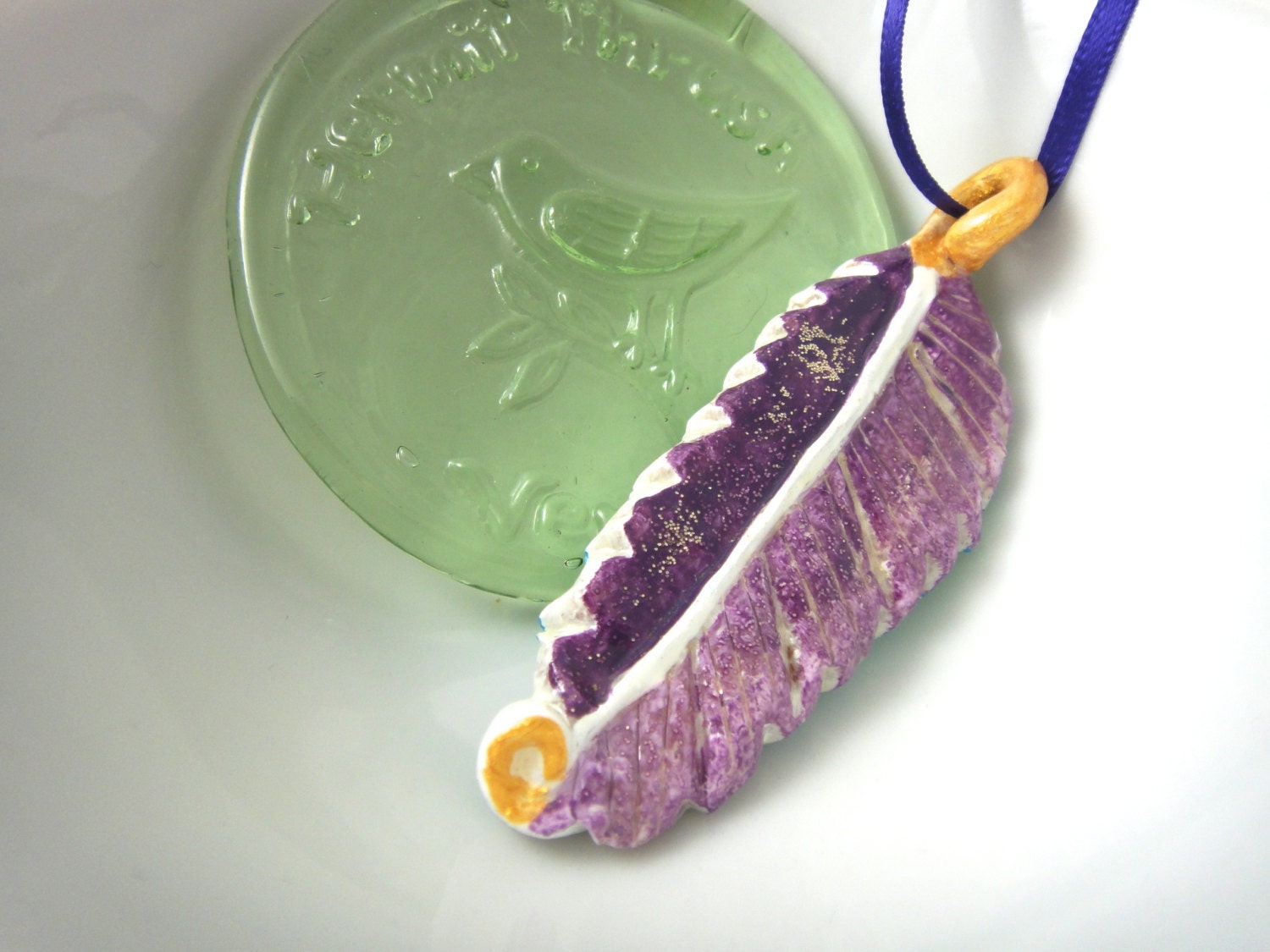 Feather necklace - neon purple plum - handmade clay - tribal fantasy unique - TaraWhiteStudio