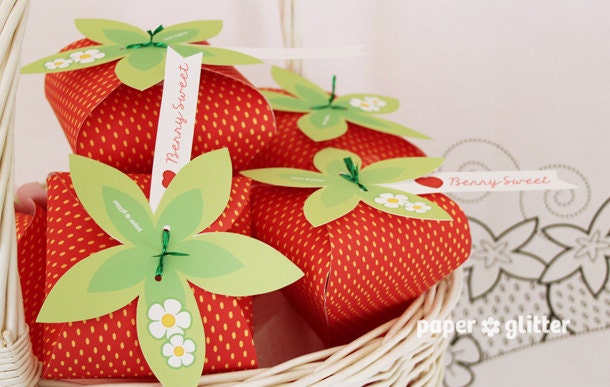 Strawberry Paper favor party box printables - RED color Editable Text Printable PDF