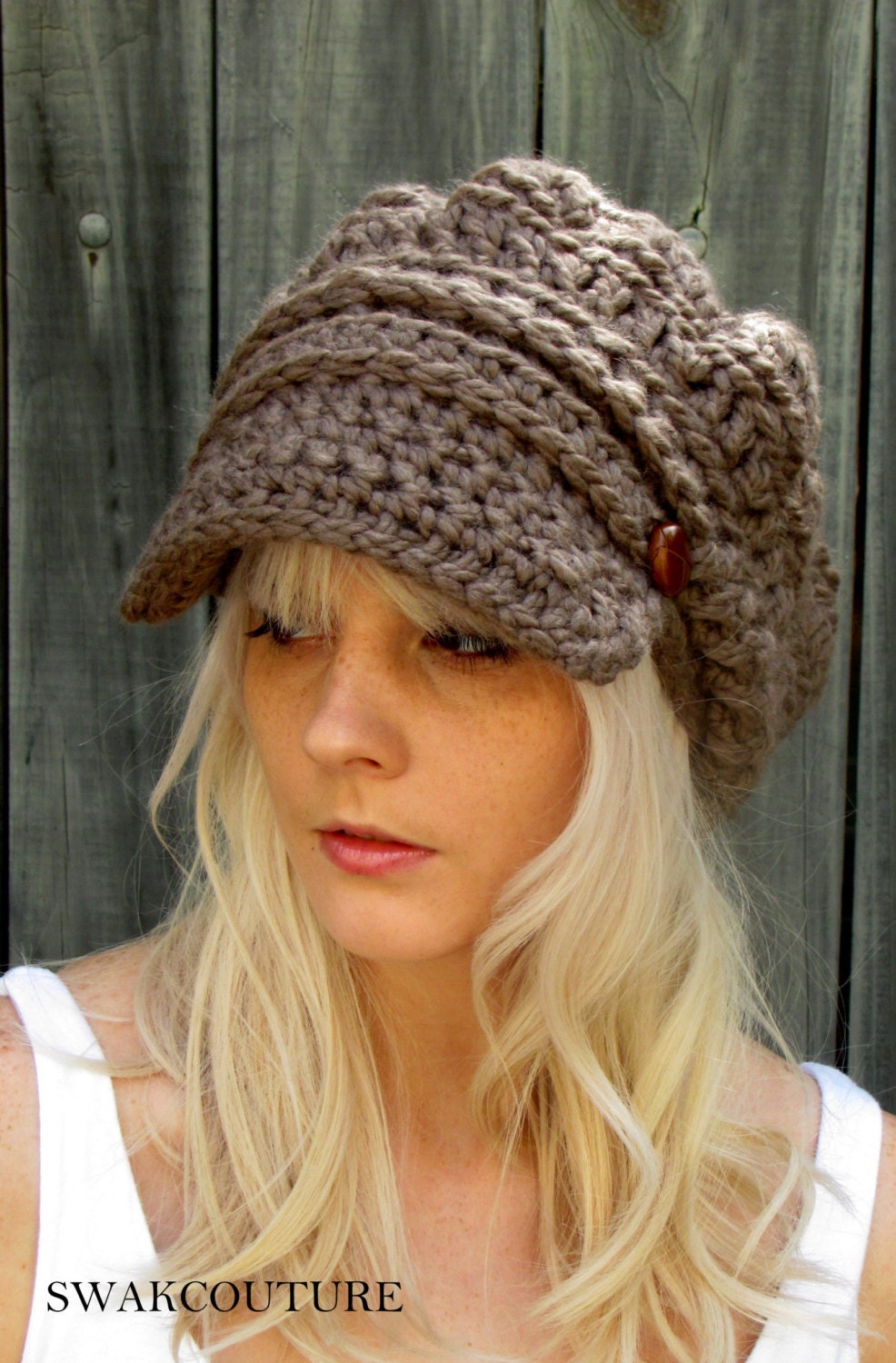 Newsboy Slouchy Hat - Crochet Newsboy Hat - Two Button Band Slouchy Wool Cap - Mortar or CHOOSE Your Color