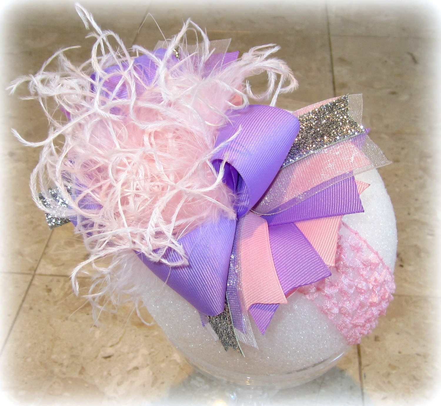 Lavender and Baby Pink Over the Top Ostrich Feather Hair Bow Boutique Pageant Party Hairbow Large Feathers Matching Headband Included