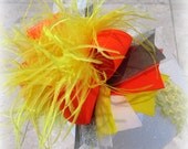 Neon Orange Gray and Yellow Over the Top Ostrich Feather Hair Bow Boutique Pageant Party Hairbow Large Feathers Matching Headband Included