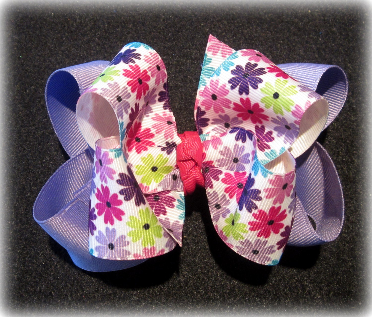 Retro Flowers Fabulous Double Layered Boutique Lush Hair Bow Purple Lilac Daisies with Spikey Edges for Baby Toddler or Little Girl Hairbow