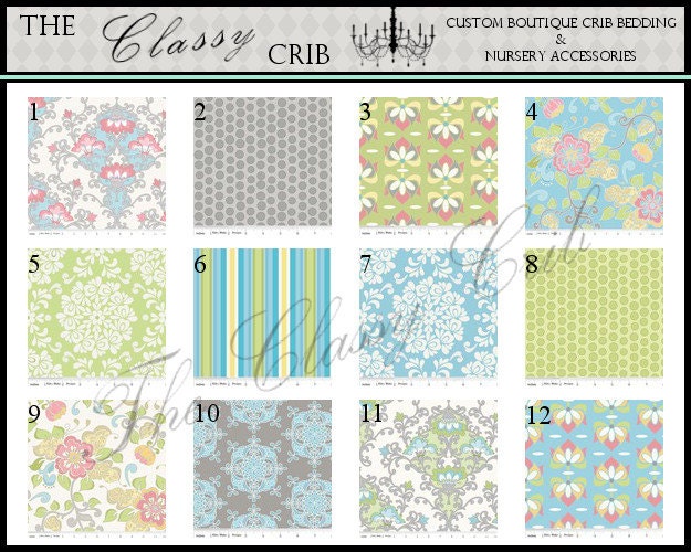CUSTOM CRIB BEDDING - Priscilla, Blue Palette by Lila Tueller