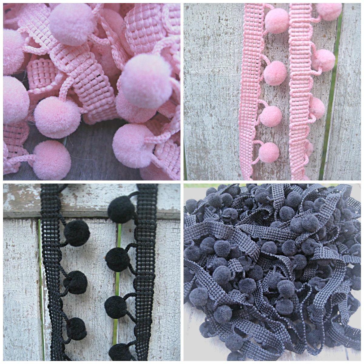 Pretty pink or black pom pom trim, 1 inch pom poms, 1 yard lengths