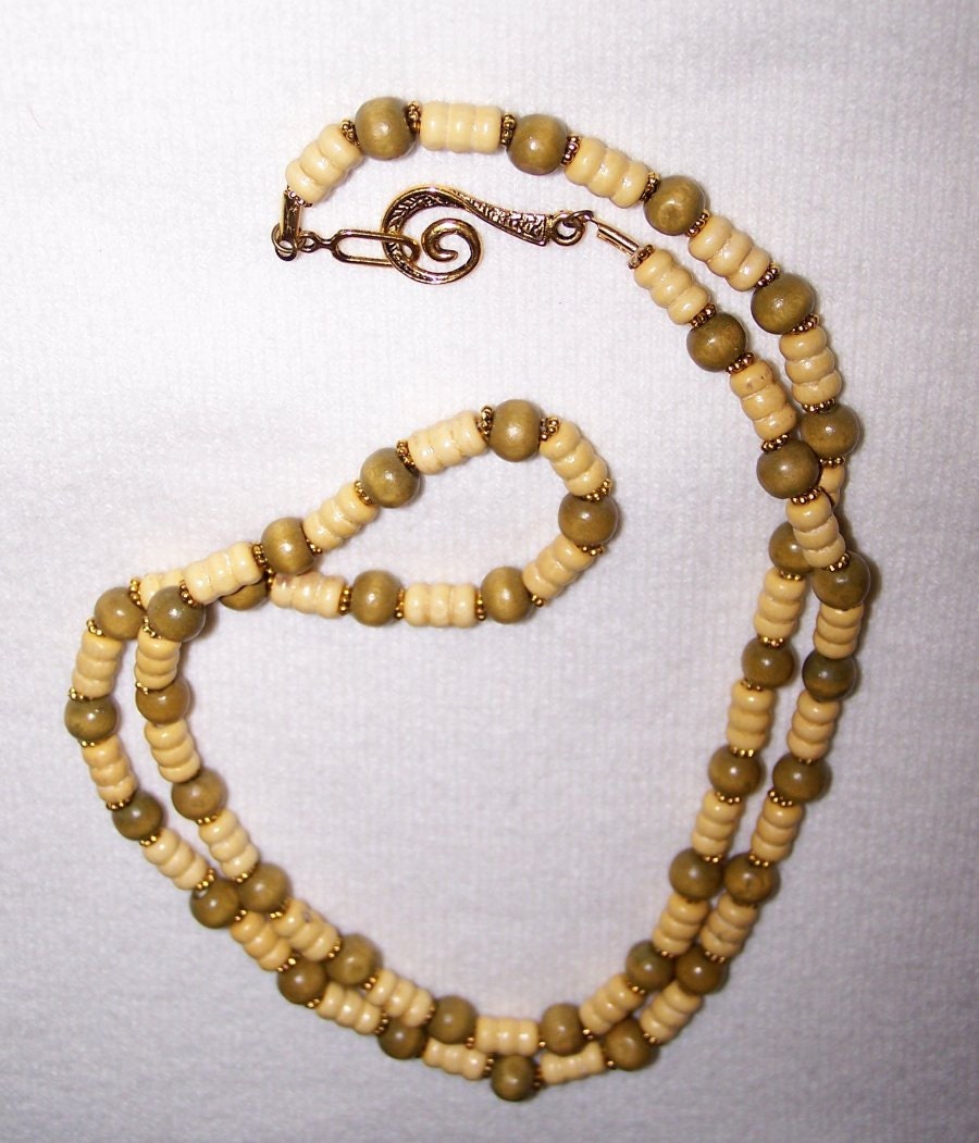 Women's Necklace, Cream and Tan Small Wooden Beads with Gold Clasp